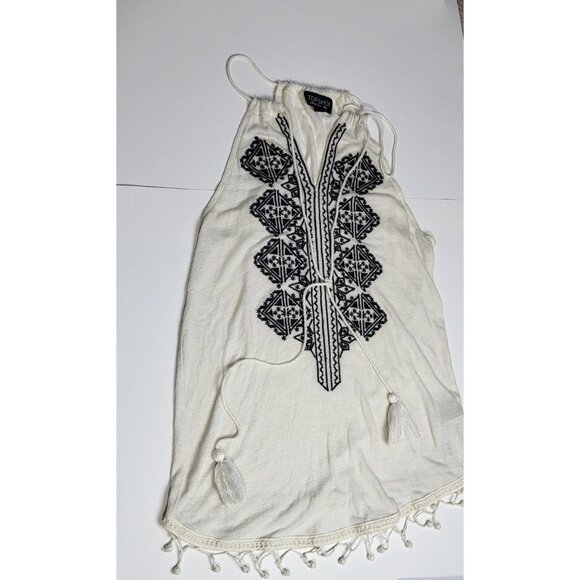 Topshop White Black Tassel Hem Top With Embroidery Design Size 4 - Picture 4 of 10